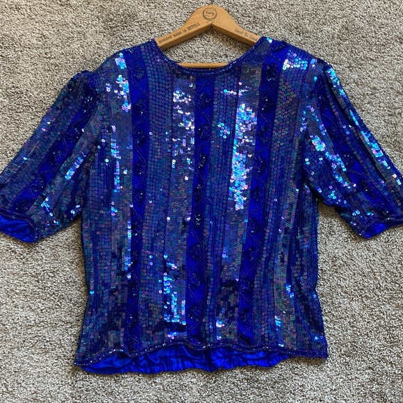 Vintage 80s 90s Tribout Silk Sequin Beaded Royal Blue Glam Event Party Top sz L - Picture 4 of 16